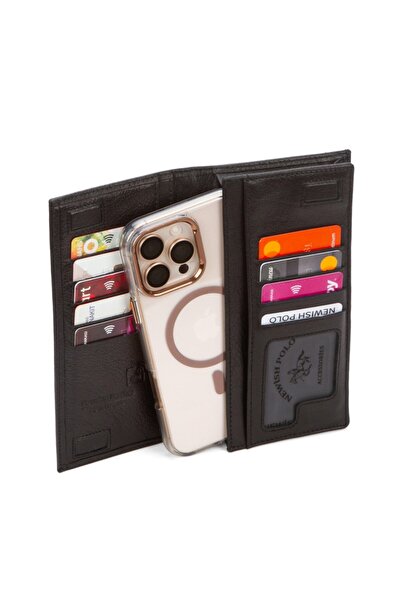 Newish Ανδρικό πορτοφόλι και θήκη για κάρτες από γνήσιο δέρμα - Μαύρο