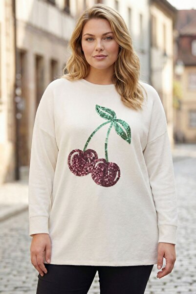 Stil Diva Великий розмір Велосипедний комір Крем-вишневий з вишивкою Yumoş св...