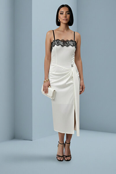 ALFUDO Moda Collection Women's Black Lace Detailed Strap Midi Dress