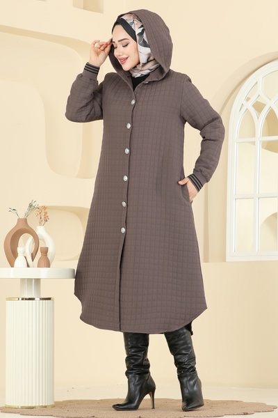 ModaMerve Gümüş Düğmeli Kapitone Kap 2026TRT545-MS Koyu Vizyon