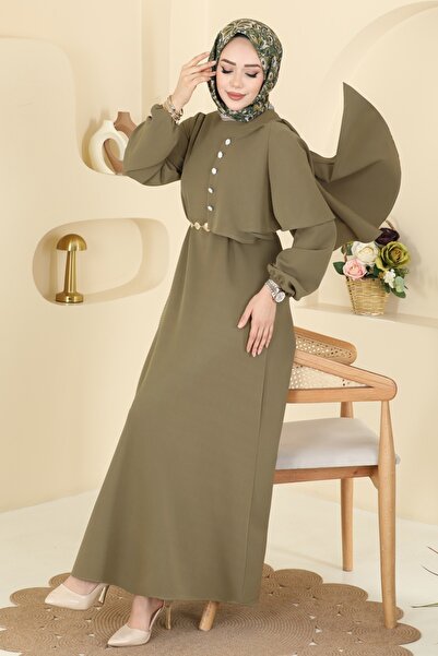 ModaMerve Pelerin Detaylı Dabıl Elbise 875ART1138-MS Çağla