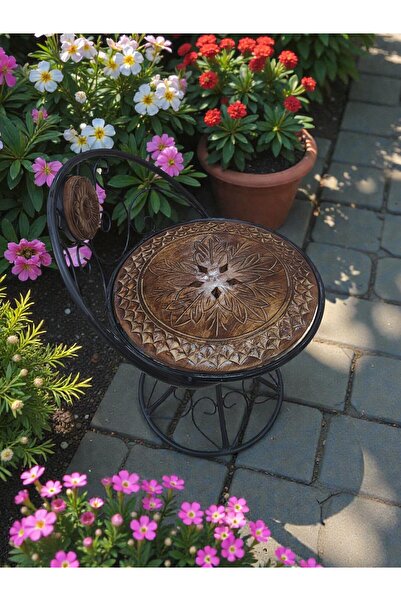 DNC Art&Deco El Oyması Ahşap Oturaklı Ferforje Dekoratif Tabure - 40x40 cm