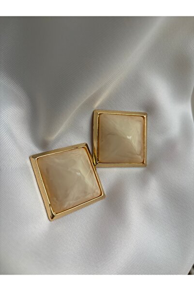 lotusbybuket Special Design Beige Natural Stone Cornered Large Size Earrings