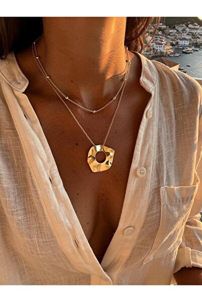 ELUNE İSTANBUL Elune Gold Geometrik Plaka Uzun Zincir Kolye