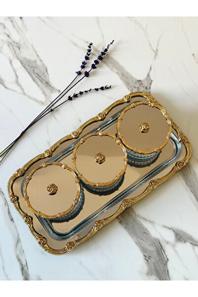 Melinda Gül Çerçeveli Gümüş Tepsi Gold Gül Detaylı Cam Kase Kahvaltılık Reçel...