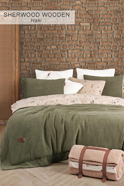 İyi Geceler İstanbul Sherwood Wooden Double Bedspread Set with Sheets Khaki