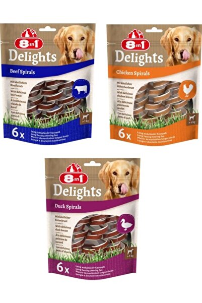 8in1 Delights Spirals 3 Çeşit Tavuklu + Biftekli + Ördekli Karma Burgu Ödül 6...