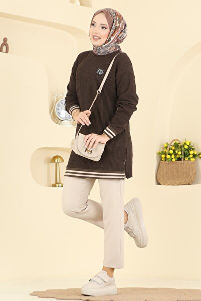 ModaMerve Ribana Detay Armalı Tunik 708PM271-MS Kahve