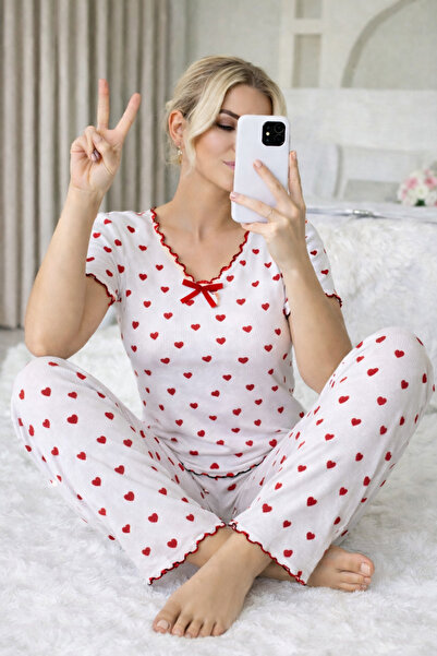 FORVENS Cherry Patterned Corded Fabric Cotton Short Sleeve Pajama Set