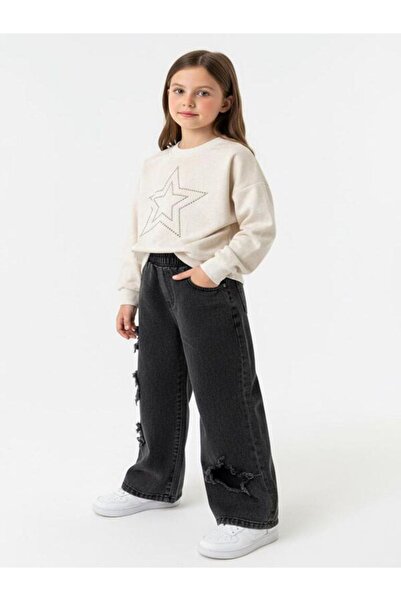 Yıldız Taşlı Detaylı Sweatshirt Yıldız Detay Jean Pantolonlu 2 li Kız Çocuk Takım - Krem
