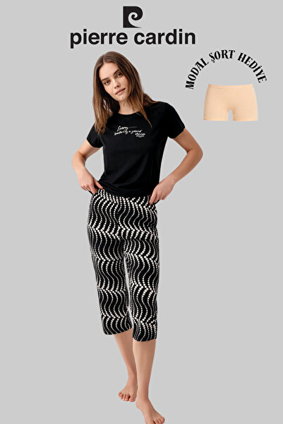 Pierre Cardin Women's Black Wide Collar Capri Pajama Set (Modal Shorts with G...