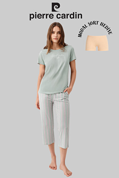 Pierre Cardin Women's Mint Wide Collar Striped Capri Pajama Set (Modal Shorts...