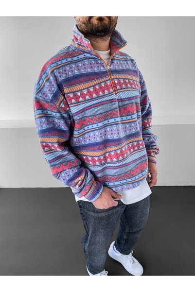 BUPPO Ethnic Patterned Half Zipper Oversized Fleece Sweatshirt