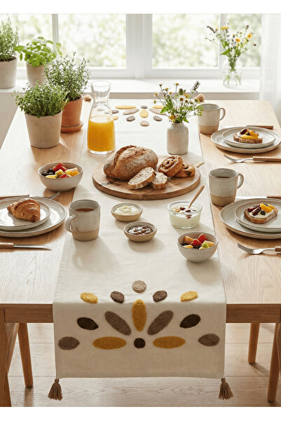 Destiva Home Punch Embroidered Patterned Cream Table Runner (40X130 cm)