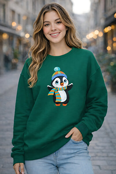 ArtYus Penguin Character Printed Relaxed Fit Fleece-Lined 3 Thread Crew Neck ...