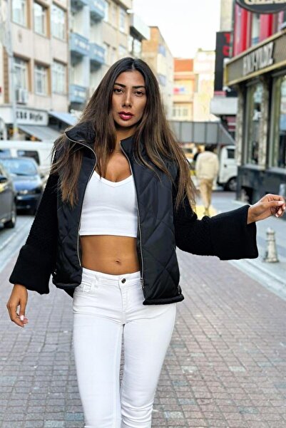 yesıl sarmasık 35 Black Stand Collar Sleeves Knitwear Pockets Zippered Puffer...