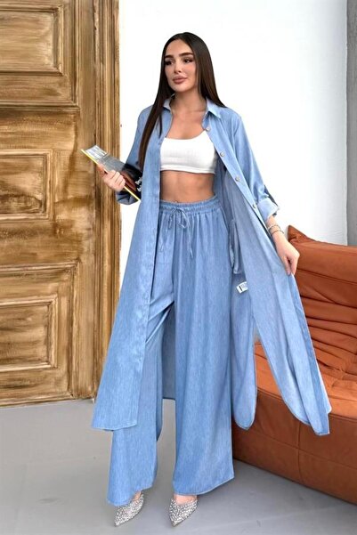 MODANI SEÇ Mavi Kot Görünümlü Beli Lastikli Bol Paça Gömlek Pantolon İkili Takım