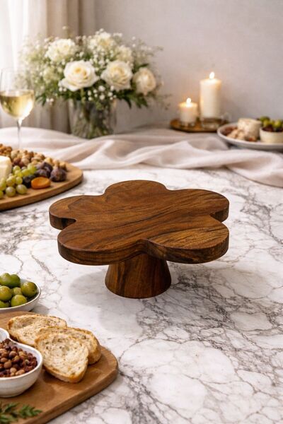 ENYAZA(2024) Doğal Ahşap Ceviz Ağacı Papatya Desenli Pasta Kek Standı,Ahşap A...