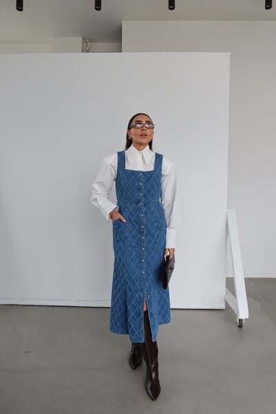 Özge Özgenç Gold Button Sleeveless Long Denim Dress