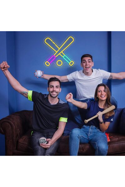 Slasa لوحة نيون LED للبيسبول - 35 × 35 سم، مصباح جداري رياضي لغرفة الألعاب وغ...