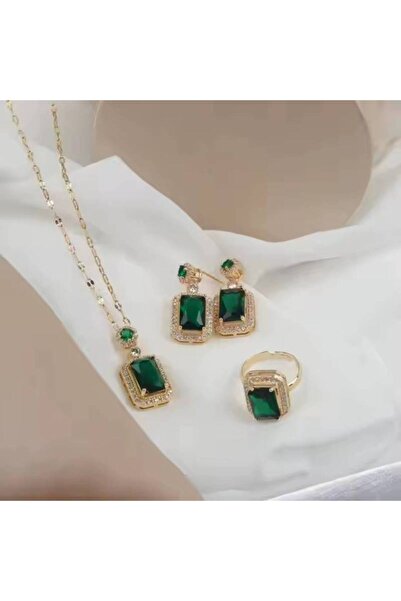 Kracer 18K Gold Plated Necklace, Earrings and Ring Set, with Green Zirconia S...