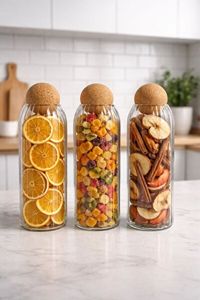 ENYAZA(2024) 3'lü Mantar Top Kapaklı Origami Çizgili Cam Kavanoz Seti, Çay Se...