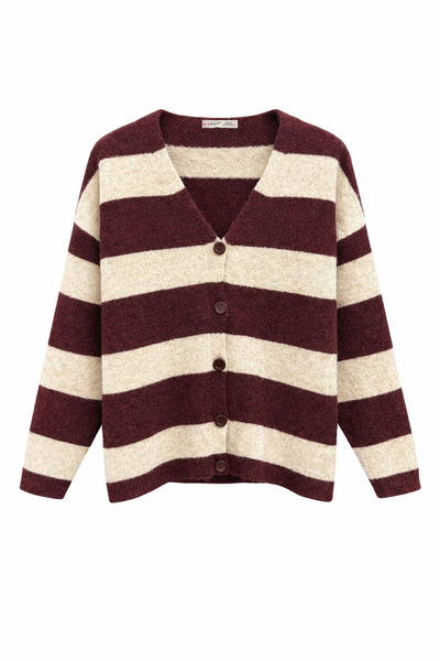 Mixray 7019 women's thick striped wool blend knit shawl cardigan set - burgundy