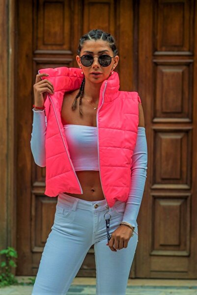 MODANI SEÇ Pembe Dik Yaka Beli Lastikli Cepli Kısa Şişme Yelek