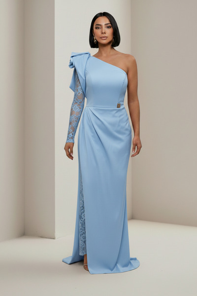 ALFUDO Moda Collection One Shoulder Lace Detail Long Graduation Evening Dress