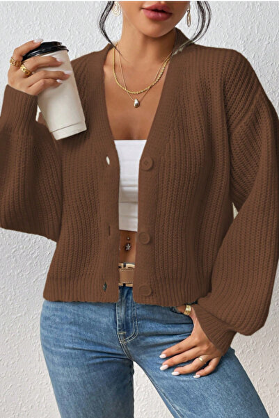 Tarz Cool Women's Brown V-Neck Long Sleeve Buttoned Knitwear Cardigan