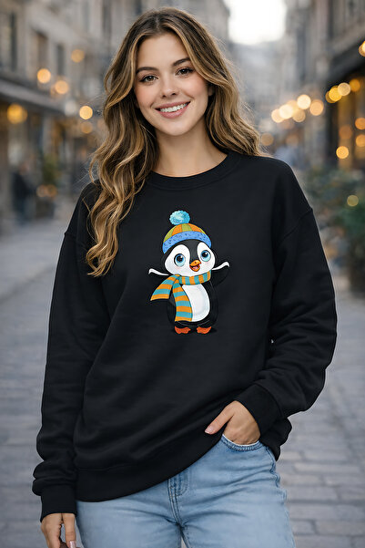 ArtYus Penguin Character Printed Relaxed Fit Fleece-Lined 3 Thread Crew Neck ...