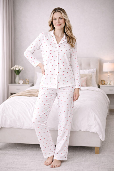 FORMO Women's Cherry Patterned Quality Milan Fabric Soft Tuşe Shirt Collar Bu...