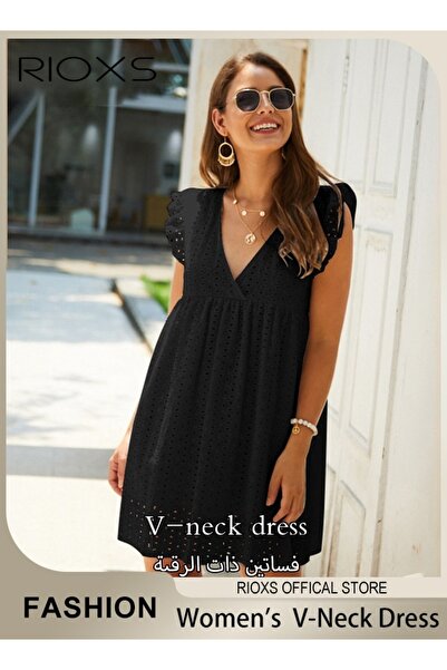 RIOXS Women Mini Dress, V-Neck Sleeveless Dress with Back Zipper, Lace Up Smo...