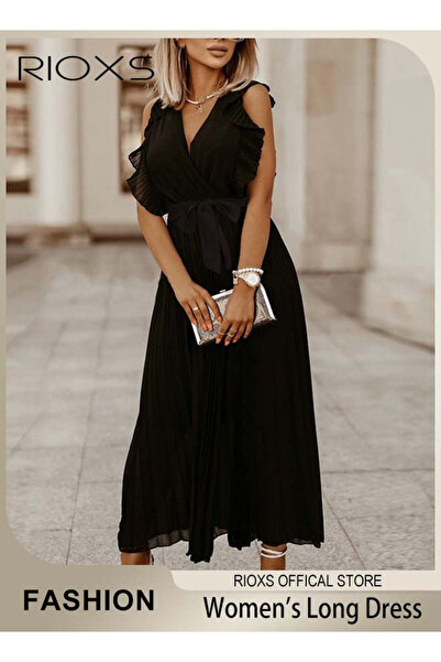 RIOXS Women's Elegant High Waist Maxi Dress, V-neck Pleated Dress, Ruched Wra...