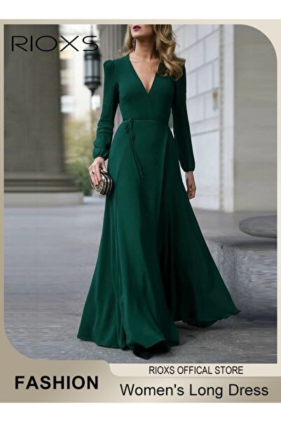 RIOXS Women's V-neck Long-sleeved Dress, Elegant High Waist Maxi Dress for La...