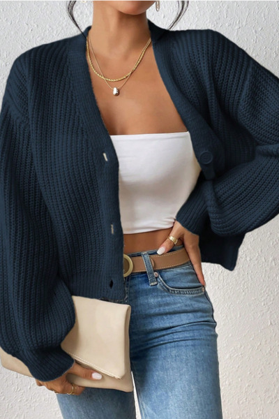 Tarz Cool Women's Navy Blue V-Neck Long Sleeve Buttoned Knitwear Cardigan