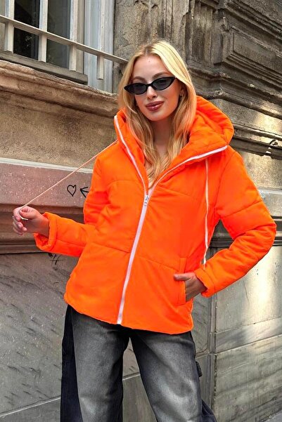 MODANI SEÇ Neon Turuncu Su Geçirmez Kapüşonlu Şişme Mont