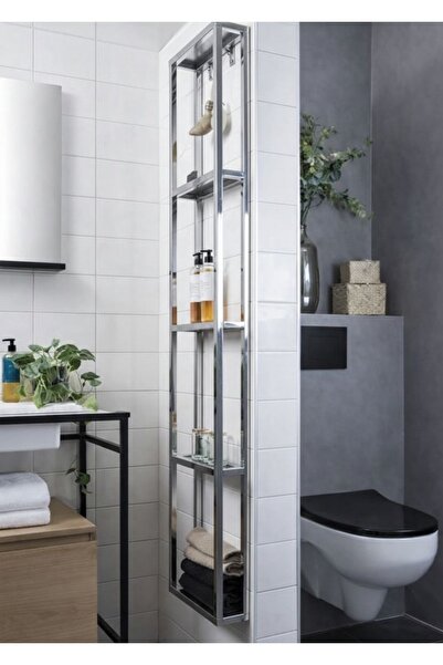 LARADESİGN Krom Banyo Duvar Rafı Ahşaplı Banyo Rafı