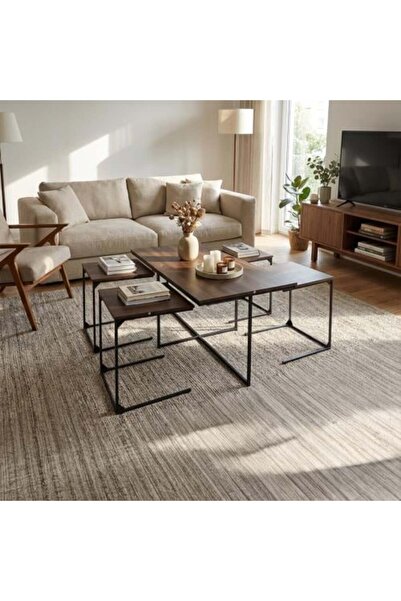 HOMEZ NEED طقم طاولة قهوة مكون من 5 قطع من الخشب الماليزي - بني