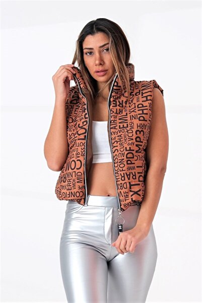 yesıl sarmasık 35 Brown Written Stand Collar Elastic Waist Short Puffer Vest