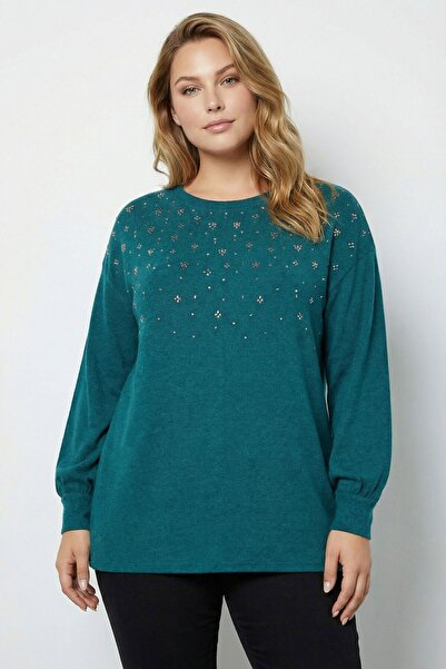 Stil Diva Великий розмір, оздоблений камінням, м'який зелений светр 285066