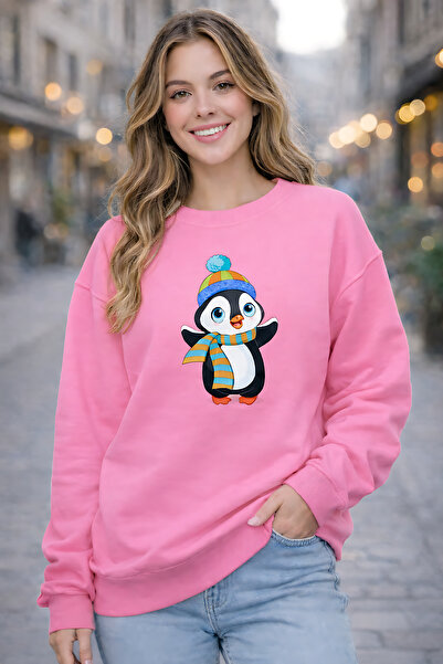 ArtYus Penguin Character Printed Relaxed Fit Fleece-Lined 3 Thread Crew Neck ...