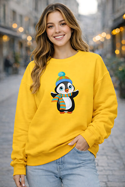 ArtYus Penguin Character Printed Relaxed Fit Fleece-Lined 3 Thread Crew Neck ...