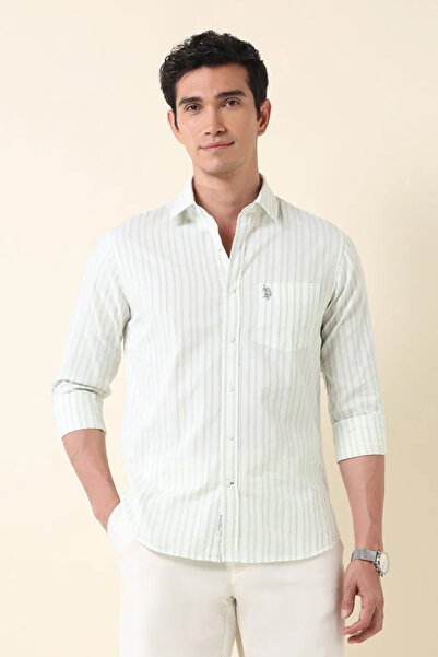 U.S. Polo Assn. Mens Green Vertical Striped Twill Tailored Fit Cotton Shirt