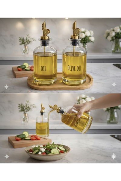 İthal 500 ml 2-Piece Glass Oil Pot Set with Gold Head (with Label and Funnel ...