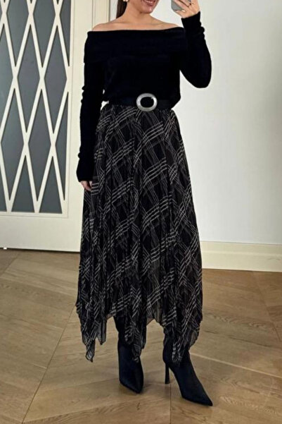 sunfyre Fusta lungă din șifon cu model în carouri asimetrică pentru femei.SUN250