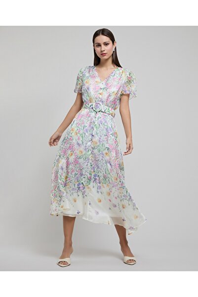 R&B فستان ميدي مطبوع بياقة على شكل حرف V وأكمام واسع الأرجل