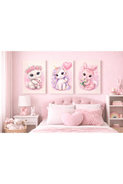 Fumor Kız Çocuk Odası 3’lü Ahşap Tablo Seti – Sevimli Hayvanlar | Dekoratif D...