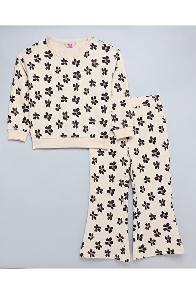 R&B Girl's Beige Printed Sweatsuit Set