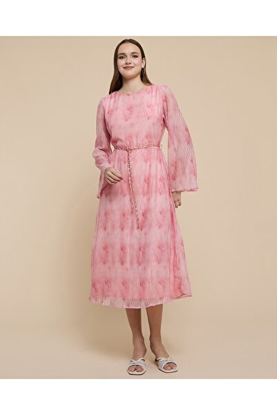 R&B Printed Midi Dress With Crew Neck And Flared Sleeves